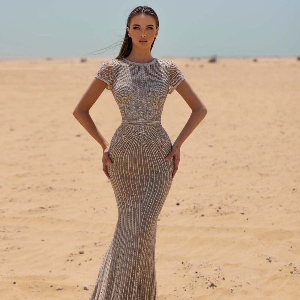 Chic and Holland EW990002 Dress - US Size 4 - High Neck Beaded Silver Gown